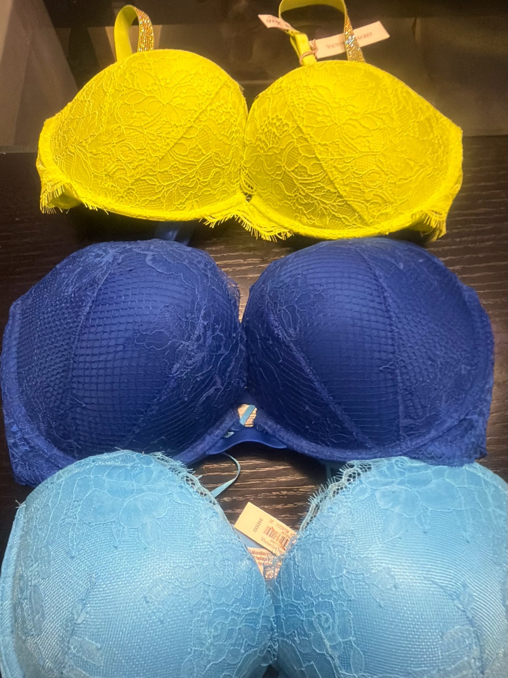 Victoria Secret Brasiers - Trio - Yellow, Navy & Light Blue size 34DDD